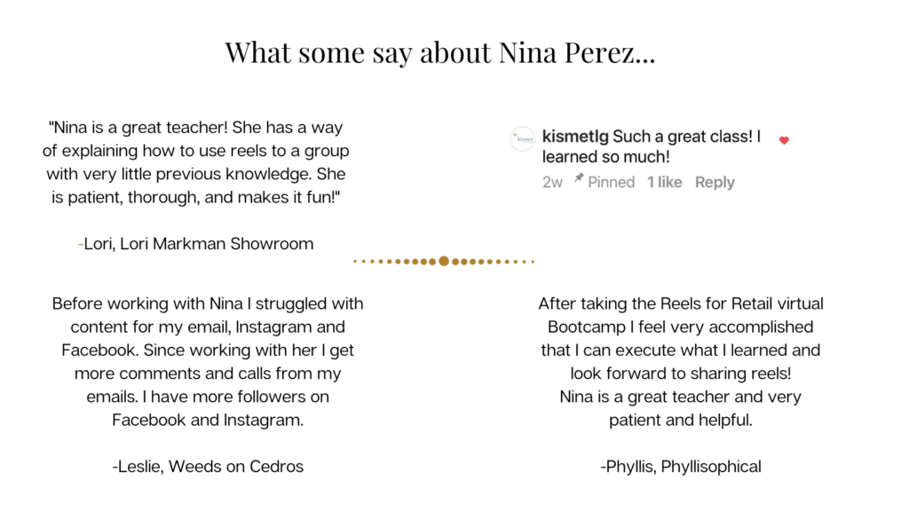 this image block contains testimonials from Nina Perez's clients