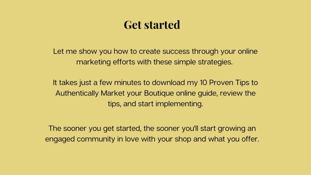 graphic with text describing benefits of dowonloading the 10 proven tips to authentically market your boutique online
